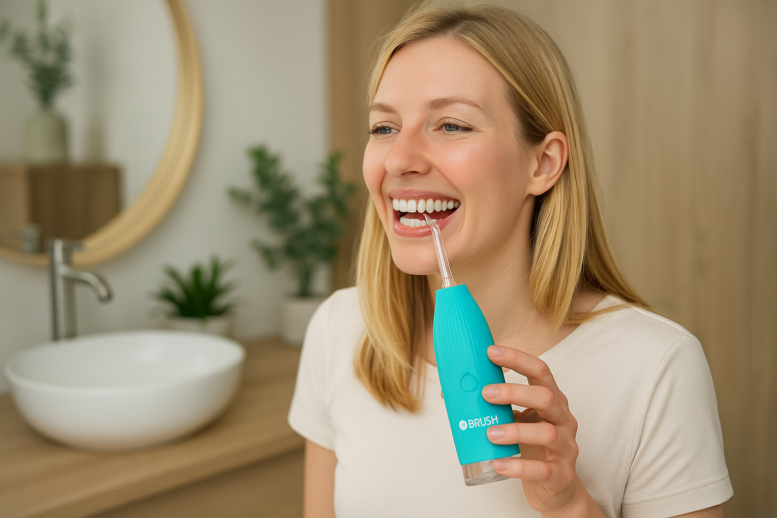 Kvinna rengör tänderna med Y-Brush Hydro-Go vattenflosser i ett skandinaviskt badrum med naturligt ljus.