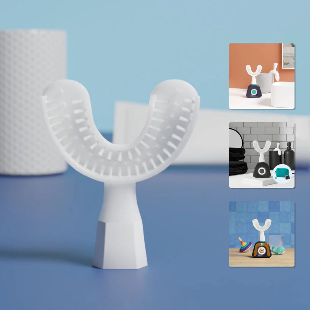 White dental device on a blue background with inset images showing its use in different settings.