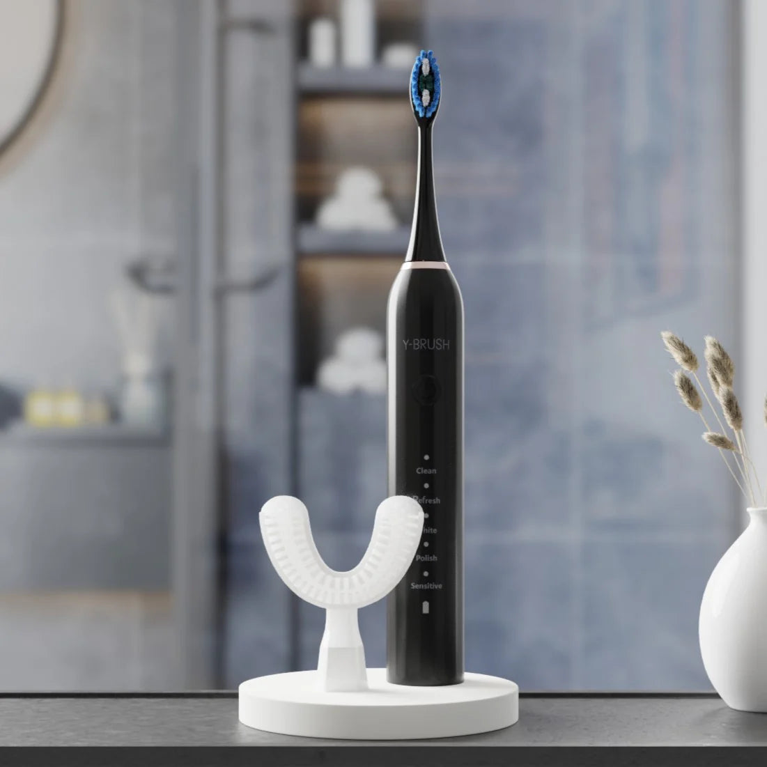 view of Y-Brush DuoBrush electric sonic toothbrush in a bathroom
