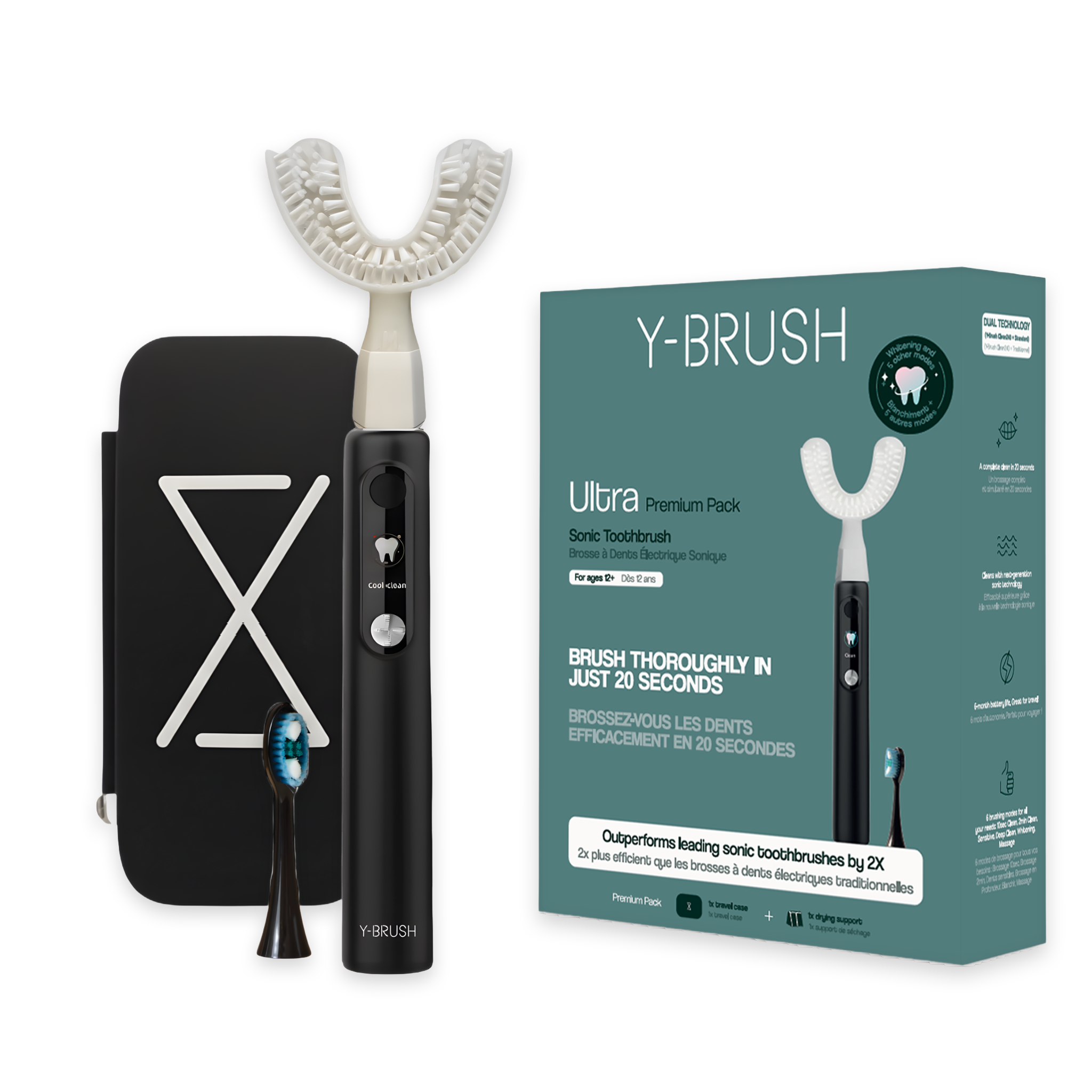 Y-Brush Ultra electric toothbrush with Y-shaped brush head, extra brush head, travel case and packaging